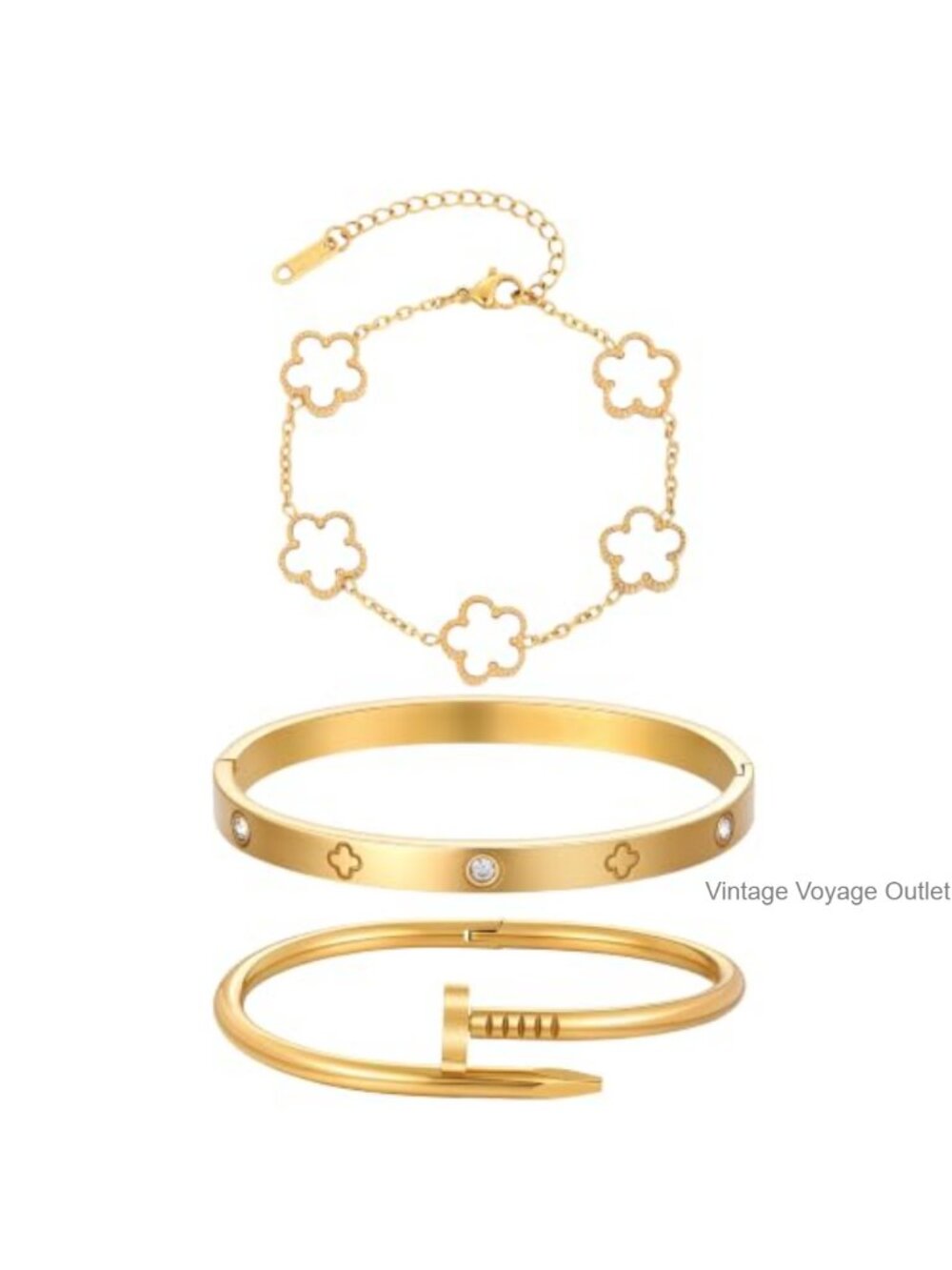 3-Piece Gold Plated Stainless Steel Bangle Cuff Bracelet Set Waterproof